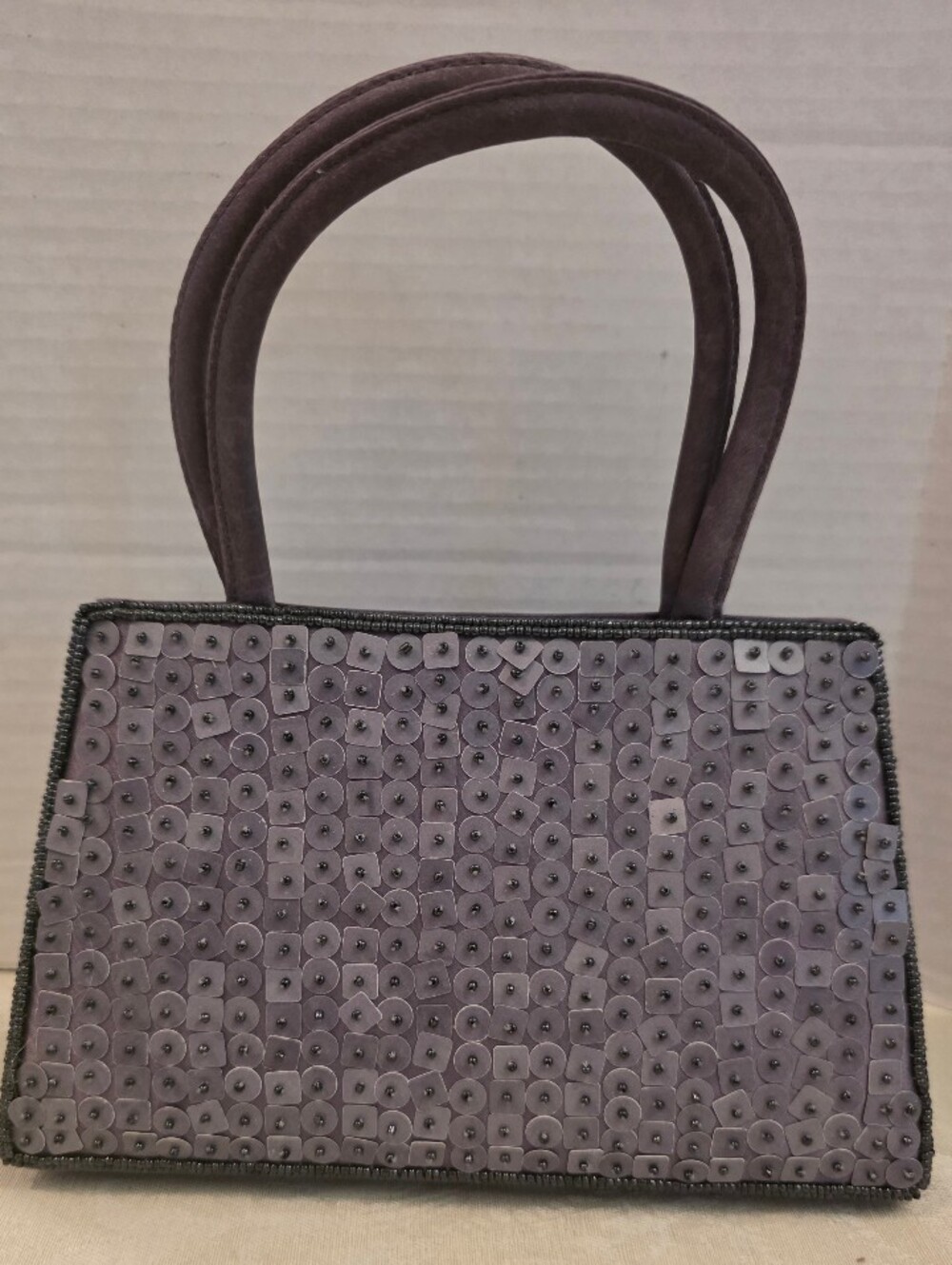 Reaction Vintage Grsy Satin Bag w/ Square Beaded Sequins Soft Handles Snap Top